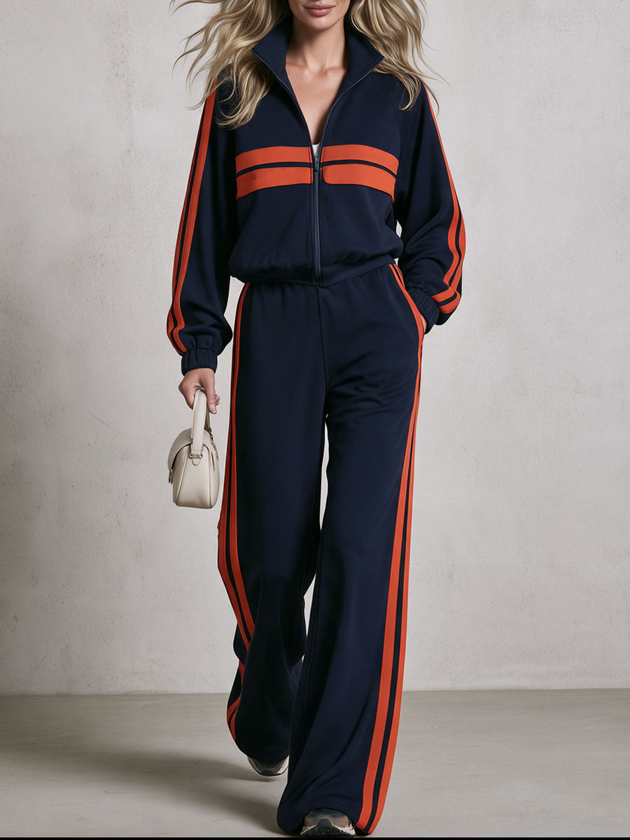 Casual Retro Sporty Color-blocked Woven Blue Sweatshirt Jacket And Pants Set