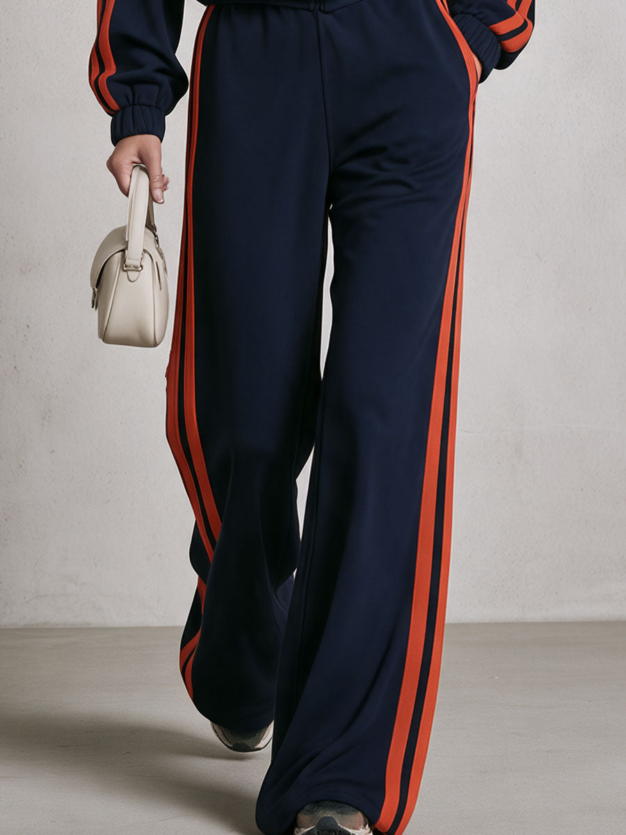 Casual Retro Sporty Color-blocked Woven Blue Sweatshirt Jacket And Pants Set