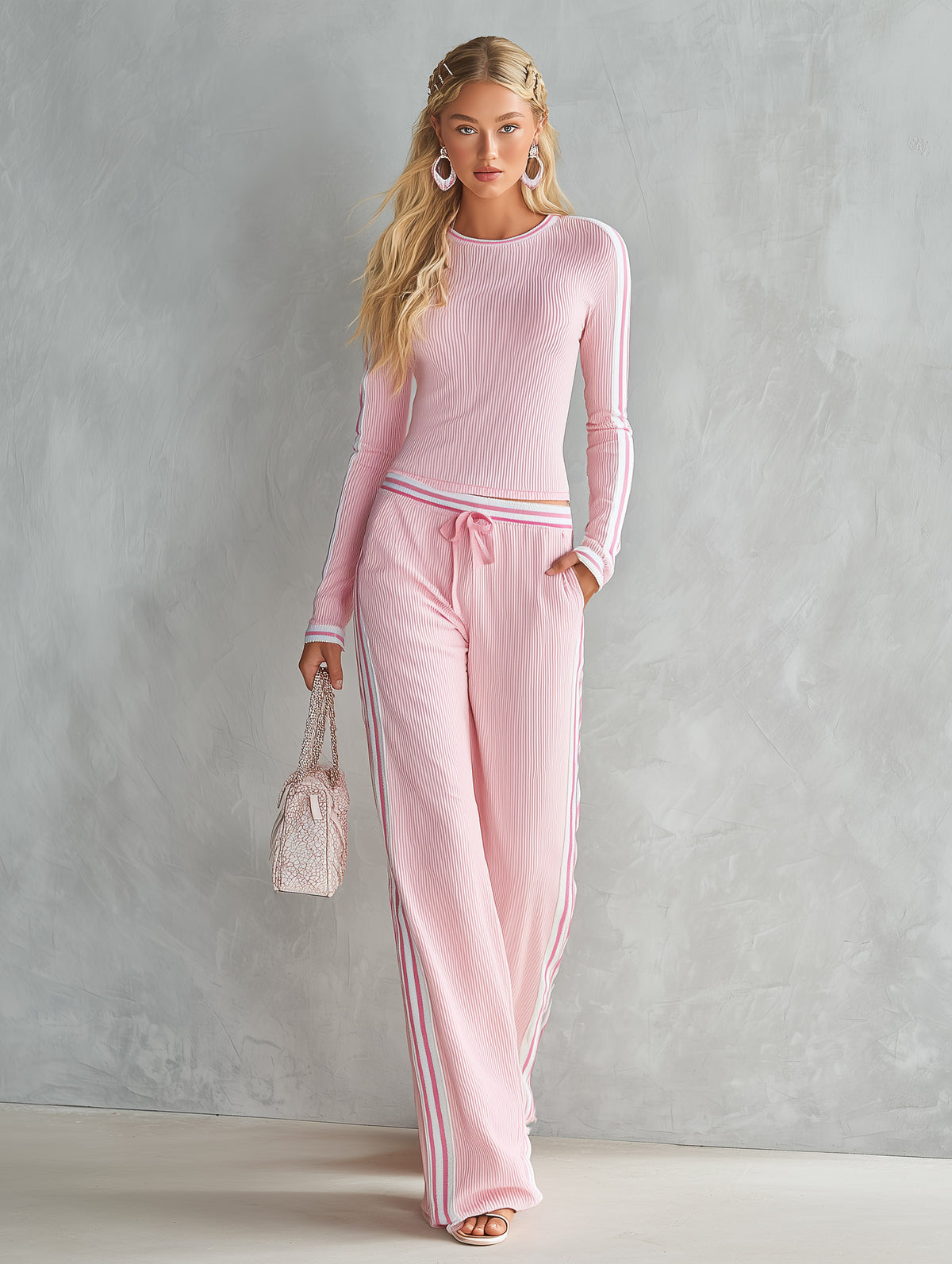 Casual Urban Striped-Trim Pink Ribbed Knit Long-Sleeve T-Shirt And Wide-Leg Pants Set