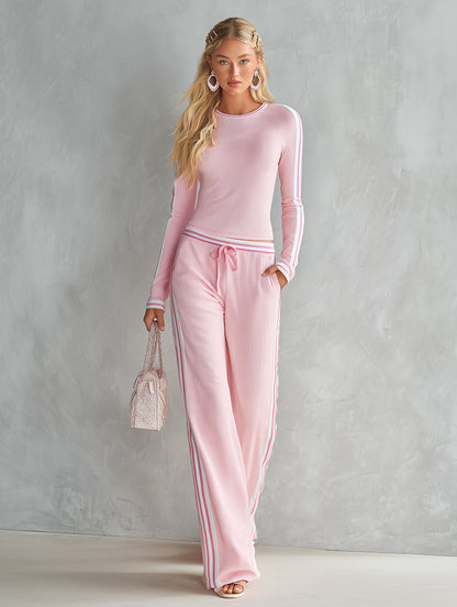 Casual Urban Striped-Trim Pink Ribbed Knit Long-Sleeve T-Shirt And Wide-Leg Pants Set