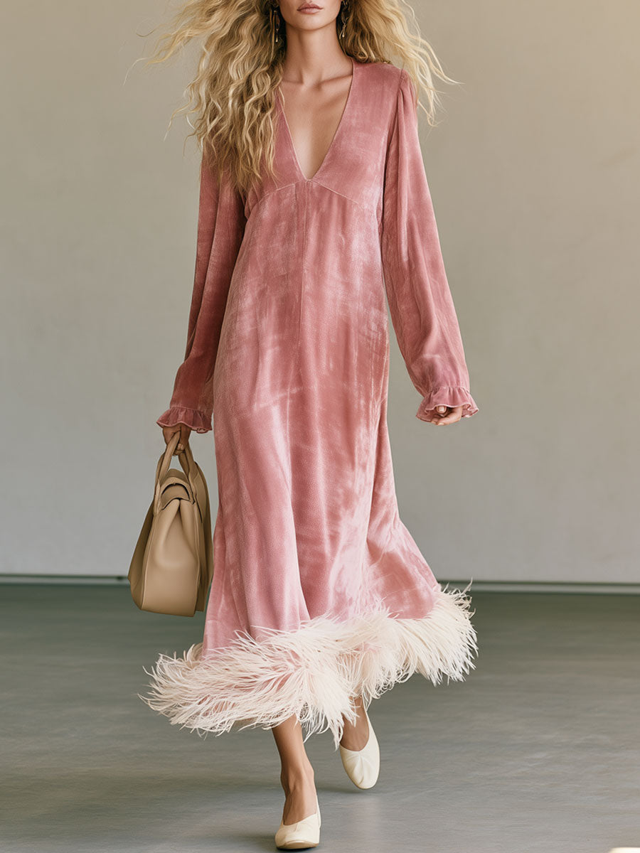Elegant And Stylish Feather Pink Velvet V-neck Long-sleeved Maxi Dress