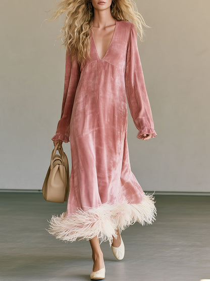Elegant And Stylish Feather Pink Velvet V-neck Long-sleeved Maxi Dress