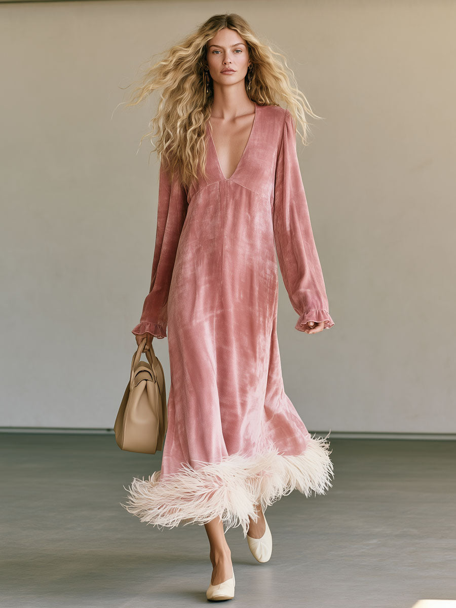 Elegant And Stylish Feather Pink Velvet V-neck Long-sleeved Maxi Dress