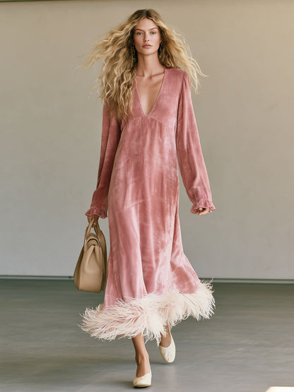 Elegant And Stylish Feather Pink Velvet V-neck Long-sleeved Maxi Dress