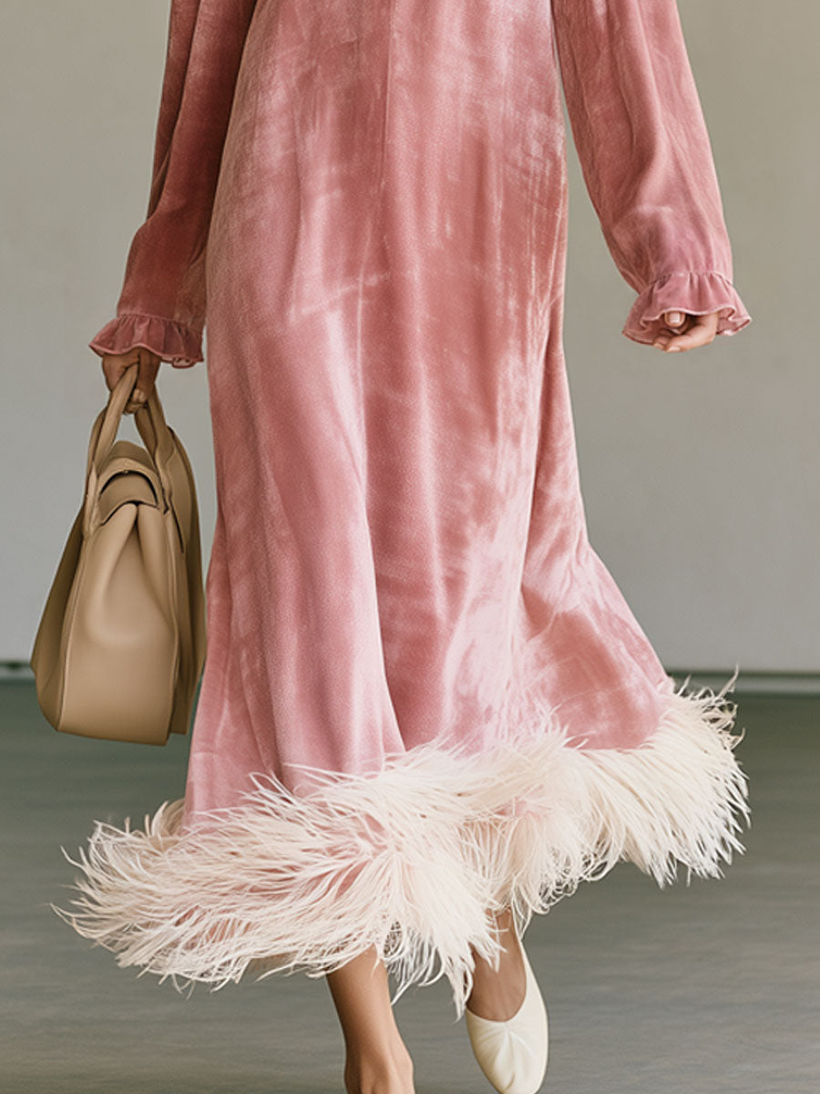 Elegant And Stylish Feather Pink Velvet V-neck Long-sleeved Maxi Dress