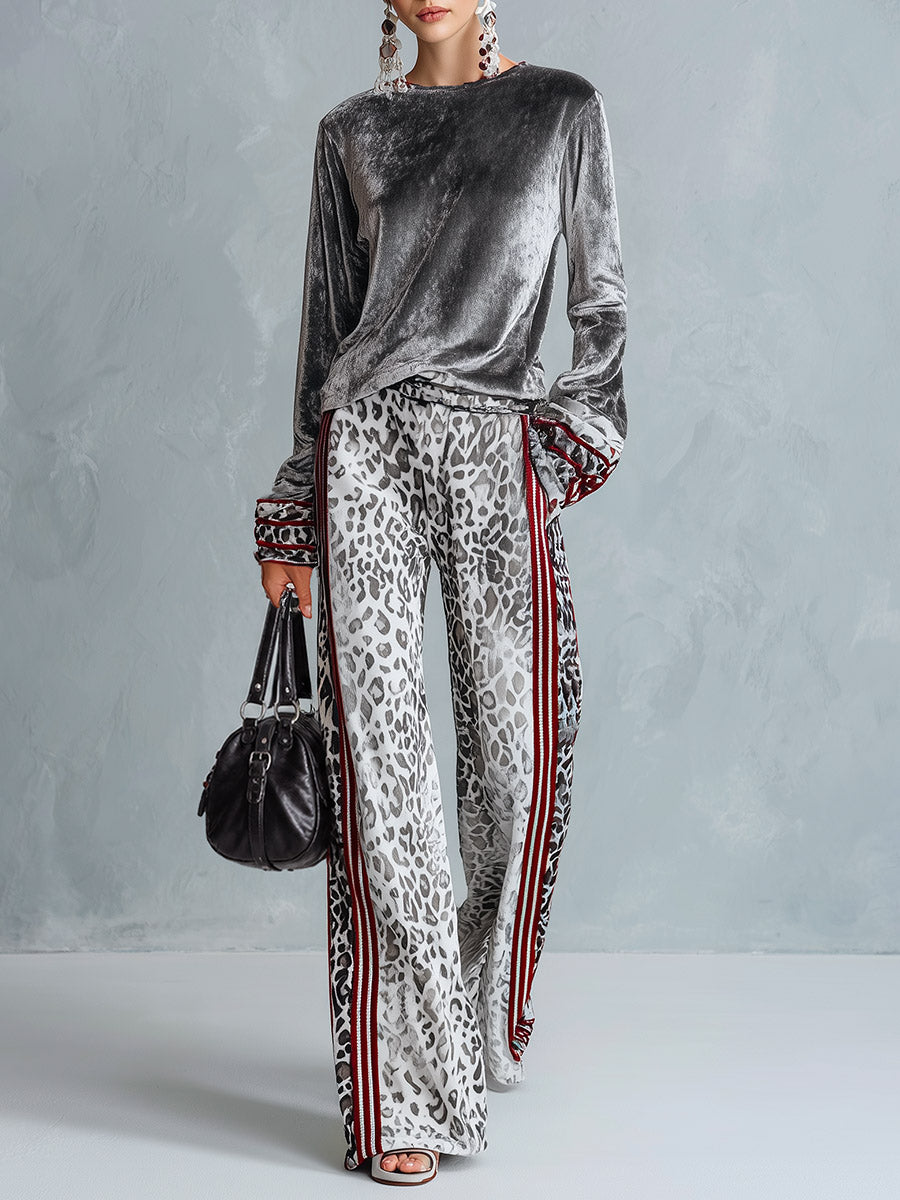 Chic Casual Striped Trim Grey T-shirt And Leopard-print Wide-leg Trousers Velvet Set
