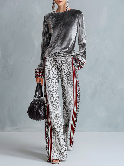Chic Casual Striped Trim Grey T-shirt And Leopard-print Wide-leg Trousers Velvet Set