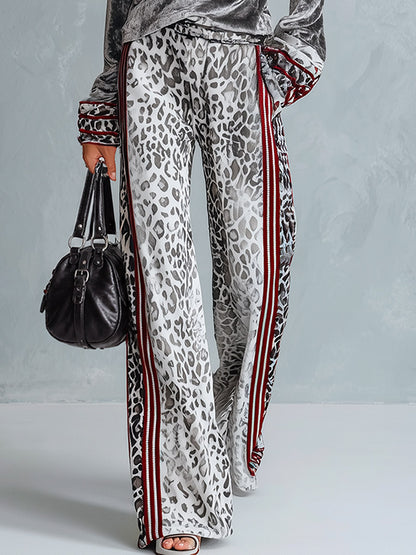 Chic Casual Striped Trim Grey T-shirt And Leopard-print Wide-leg Trousers Velvet Set