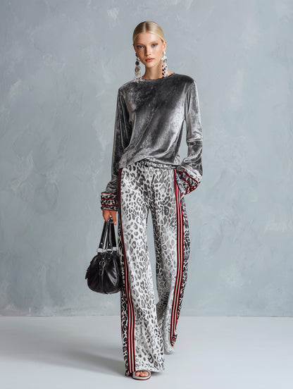 Chic Casual Striped Trim Grey T-shirt And Leopard-print Wide-leg Trousers Velvet Set