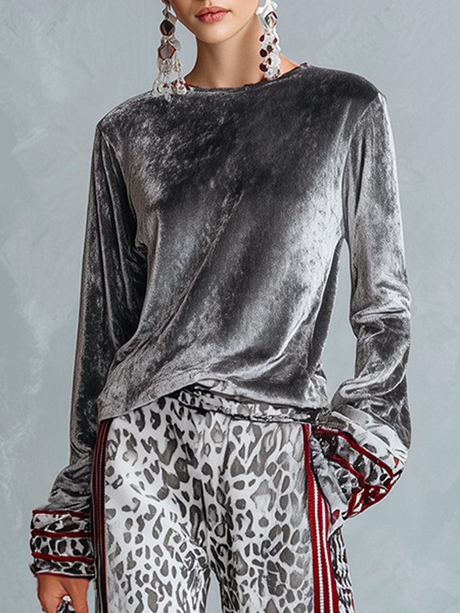 Chic Casual Striped Trim Grey T-shirt And Leopard-print Wide-leg Trousers Velvet Set