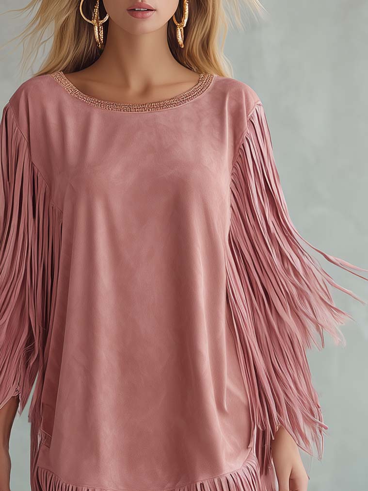 Urban Western Blush Suede Tassel Fringe Shift Mini Dress Long Sleeve