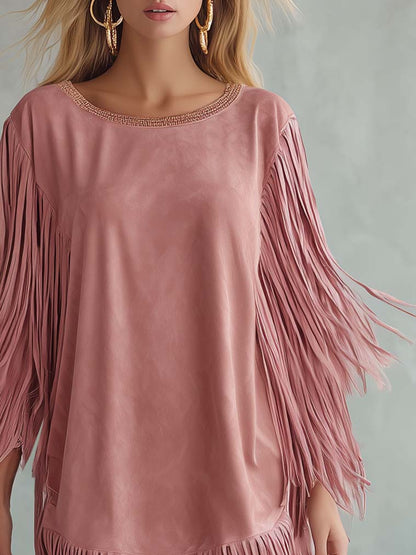 Urban Western Blush Suede Tassel Fringe Shift Mini Dress Long Sleeve