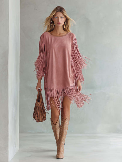 Urban Western Blush Suede Tassel Fringe Shift Mini Dress Long Sleeve