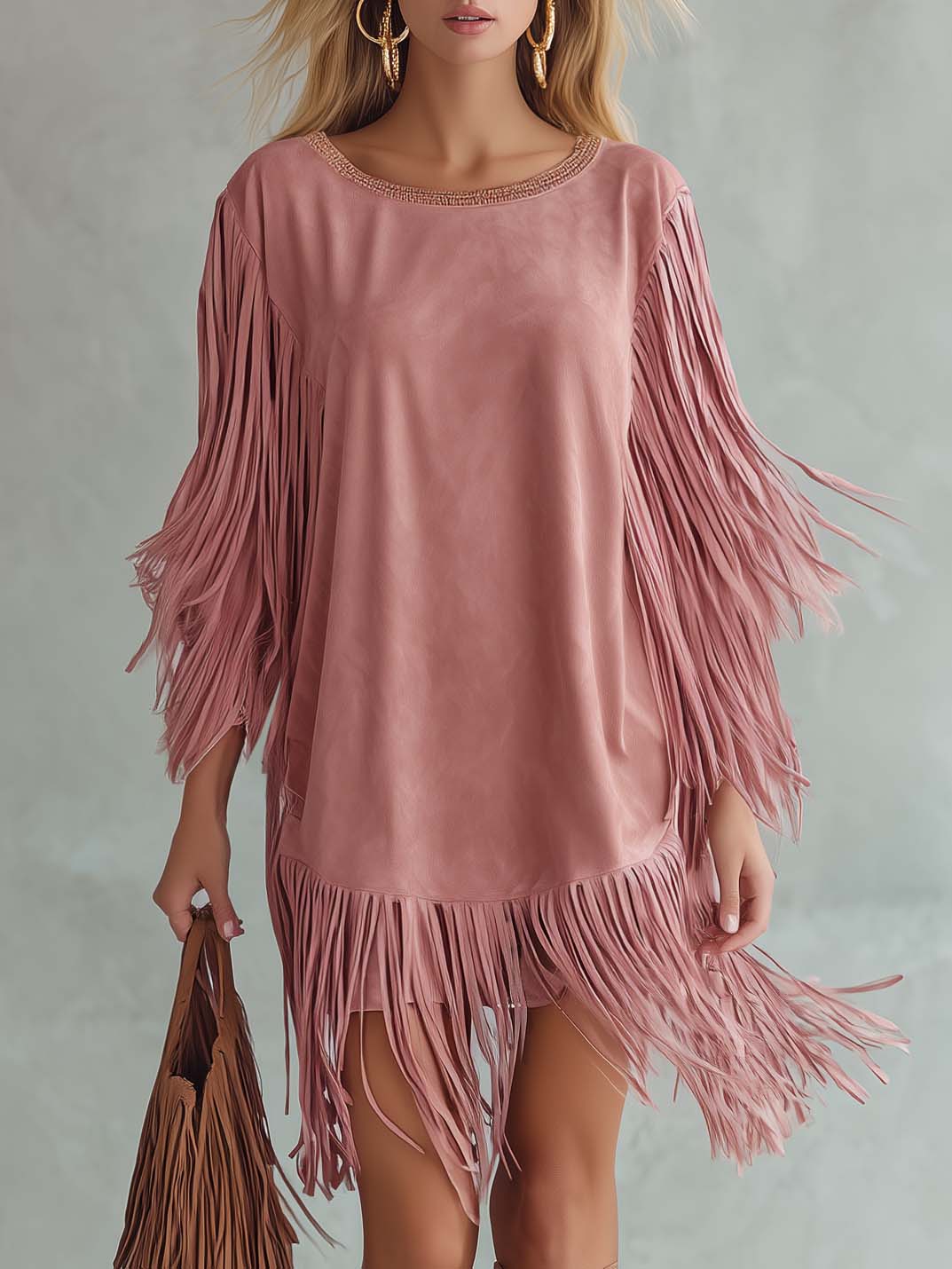 Urban Western Blush Suede Tassel Fringe Shift Mini Dress Long Sleeve