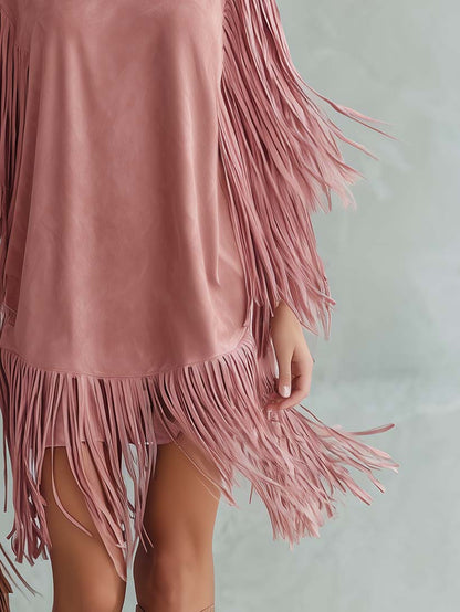 Urban Western Blush Suede Tassel Fringe Shift Mini Dress Long Sleeve