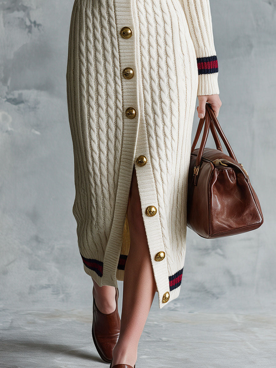 Casual Retro Color-blocked Striped Beige Cable Knit Single-breasted Midi Dress