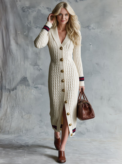 Casual Retro Color-blocked Striped Beige Cable Knit Single-breasted Midi Dress