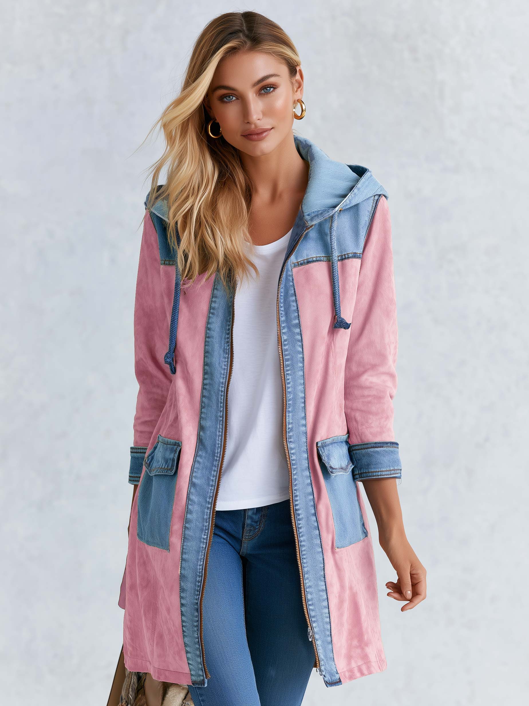 Romantic Western Pink Faux Suede Denim Patchwork Hooded Longline Jacket Women