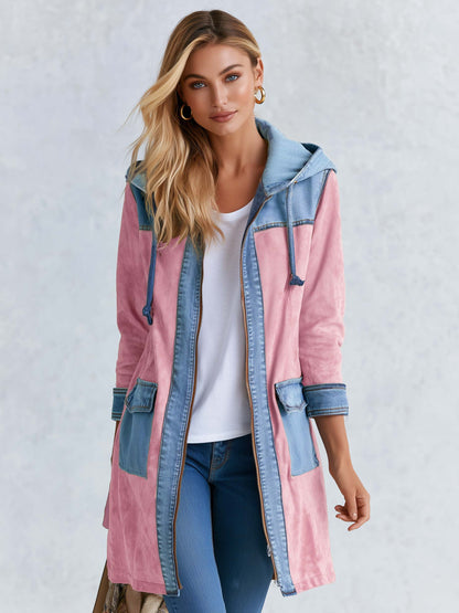 Romantic Western Pink Faux Suede Denim Patchwork Hooded Longline Jacket Women