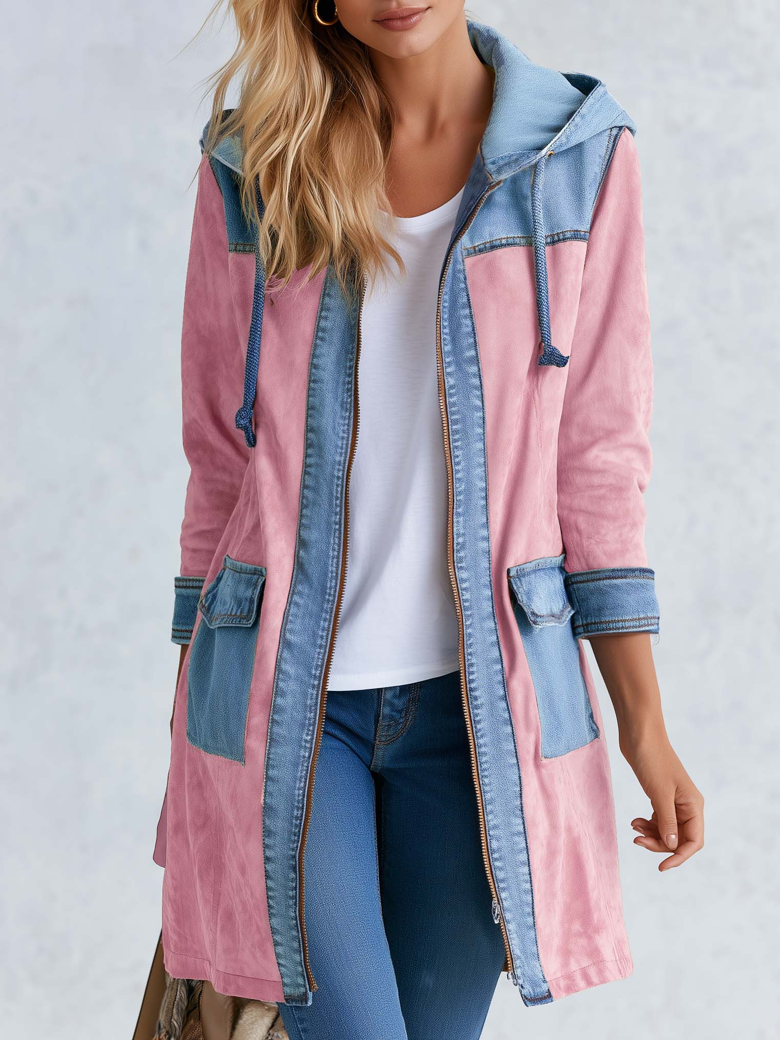 Romantic Western Pink Faux Suede Denim Patchwork Hooded Longline Jacket Women