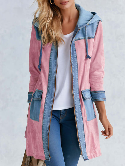 Romantic Western Pink Faux Suede Denim Patchwork Hooded Longline Jacket Women