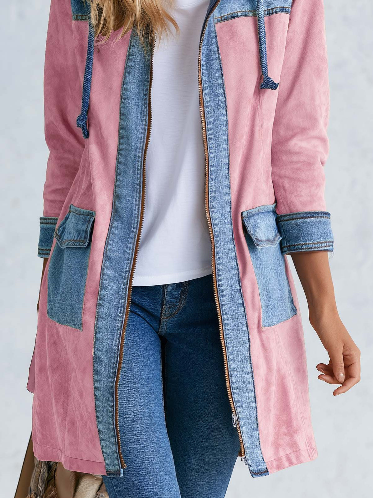 Romantic Western Pink Faux Suede Denim Patchwork Hooded Longline Jacket Women