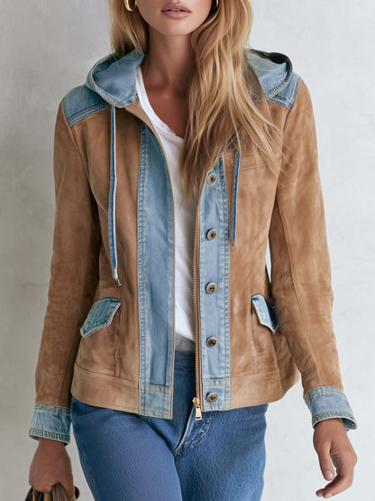 Urban Western Camel Suede Jean Jacket Women Mixed Media Drawstring Hood Coat