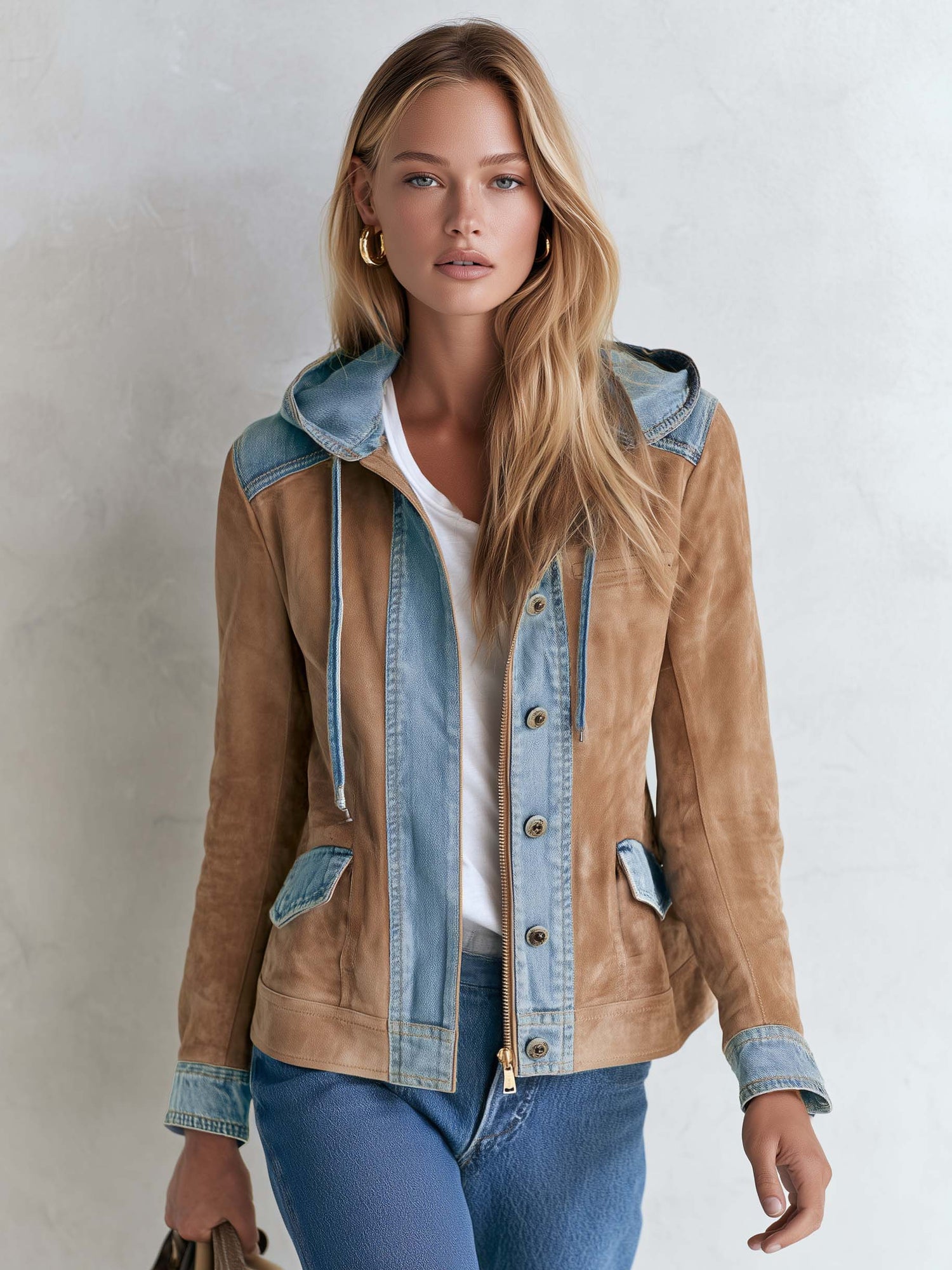 Urban Western Camel Suede Jean Jacket Women Mixed Media Drawstring Hood Coat