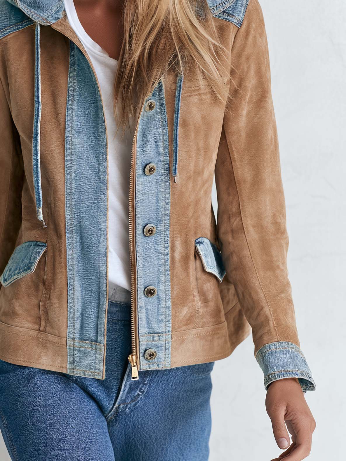 Urban Western Camel Suede Jean Jacket Women Mixed Media Drawstring Hood Coat