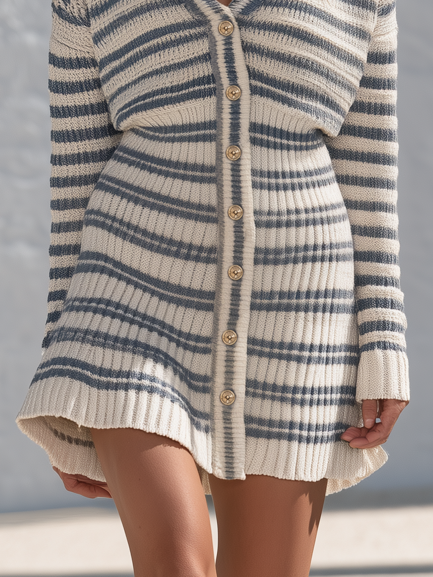Retro-chic Blue And White Striped Knit Hooded Mini Dress