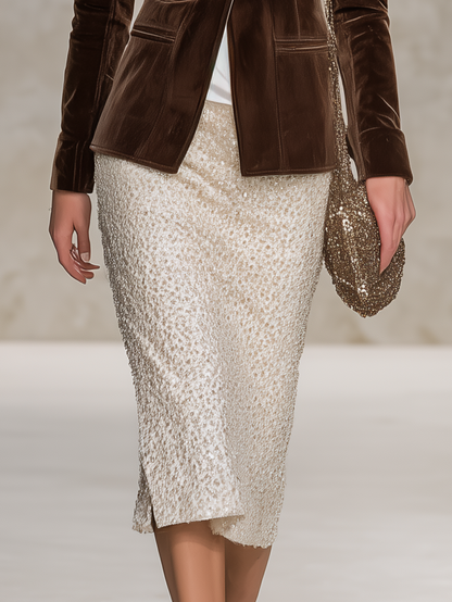Retro-chic Velvet Jacket And Sequin Midi Skirt Set With Side Slits