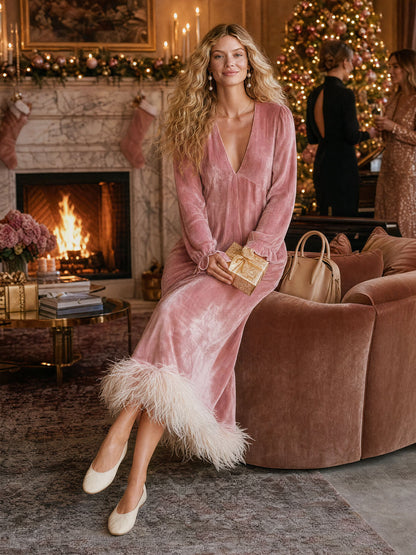 Elegant And Stylish Feather Pink Velvet V-neck Long-sleeved Maxi Dress
