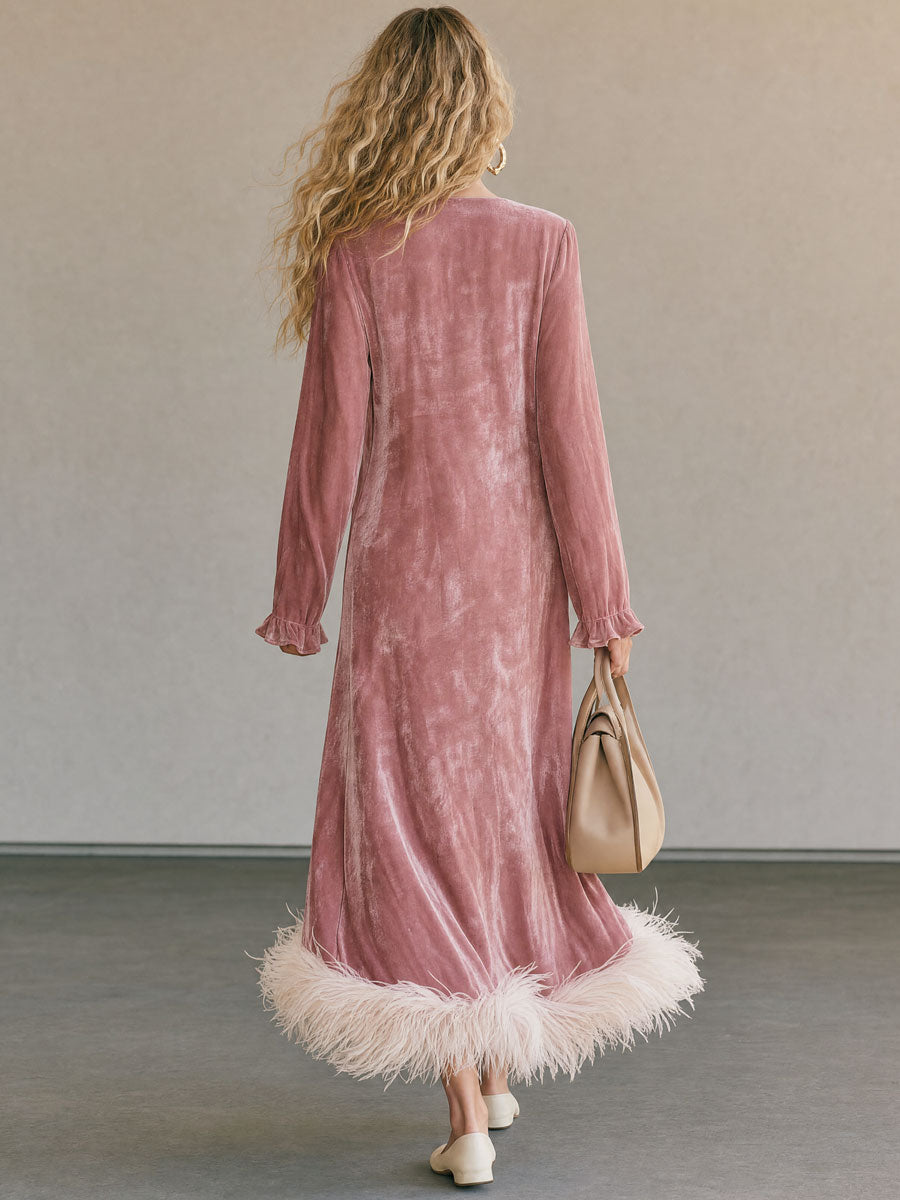 Elegant And Stylish Feather Pink Velvet V-neck Long-sleeved Maxi Dress
