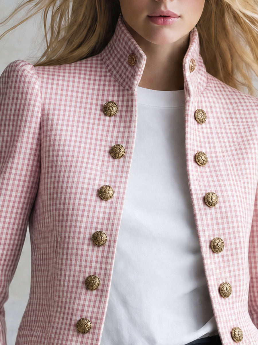 Retro Lace-trimmed Pink Plaid Double-breasted Cotton Jacket