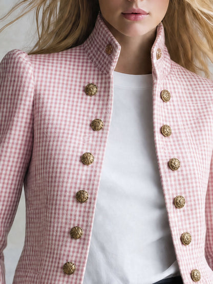 Retro Lace-trimmed Pink Plaid Double-breasted Cotton Jacket