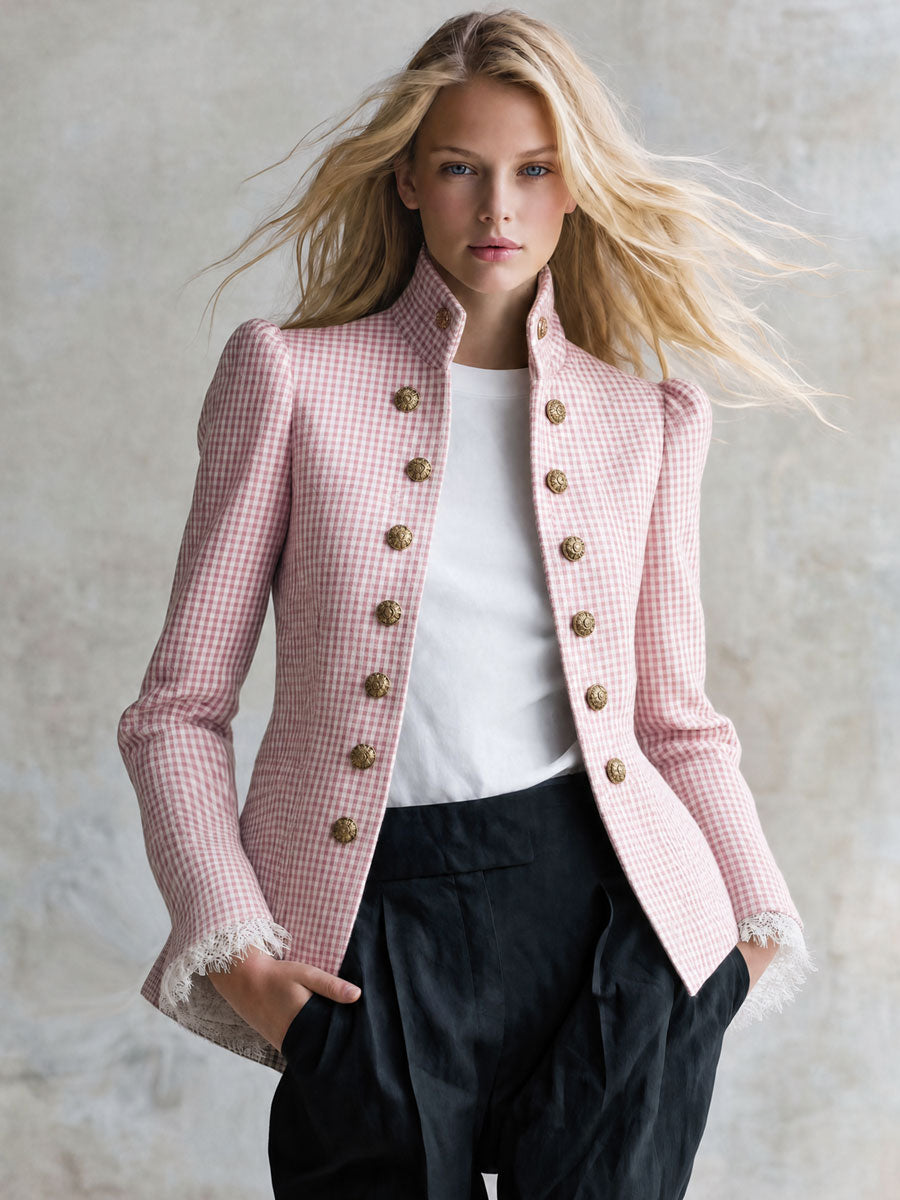 Retro Lace-trimmed Pink Plaid Double-breasted Cotton Jacket