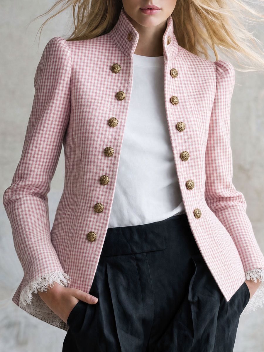 Retro Lace-trimmed Pink Plaid Double-breasted Cotton Jacket