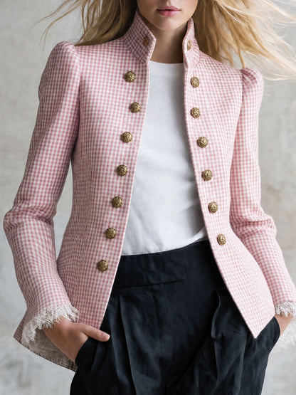 Retro Lace-trimmed Pink Plaid Double-breasted Cotton Jacket
