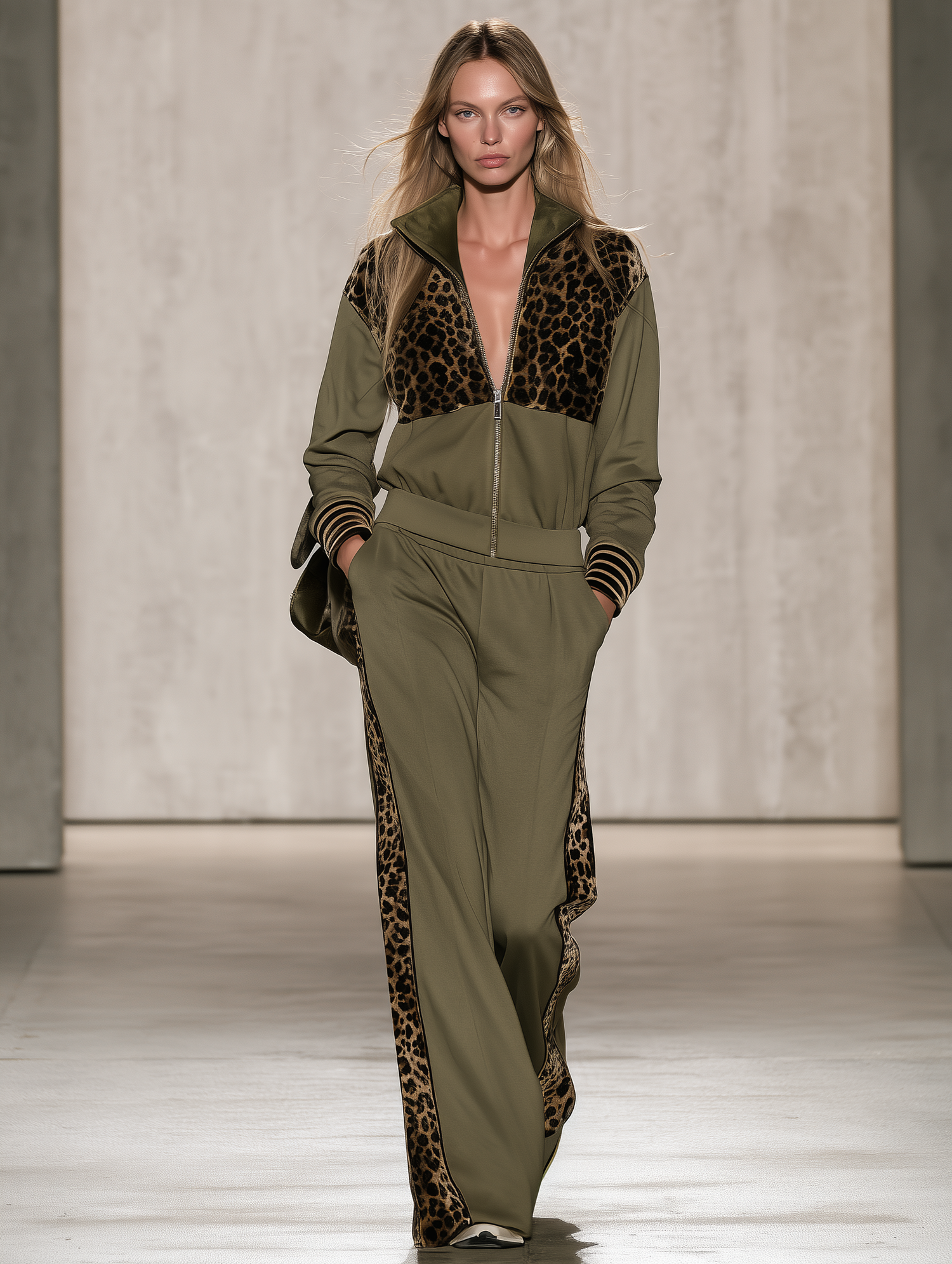 Retro-casual Elegant Leopard-print Velvet-paneled Cotton-blend Sweatshirt And Sweatpants Set