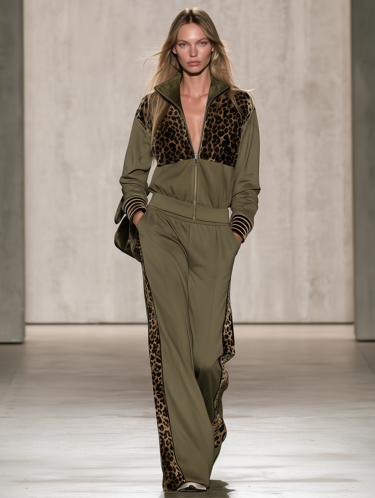 Retro-casual Elegant Leopard-print Velvet-paneled Cotton-blend Sweatshirt And Sweatpants Set