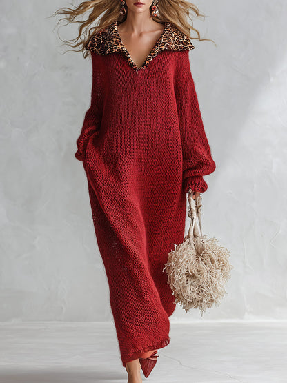 Urban Silhouette Leopard-print Collar Red Maxi Dress