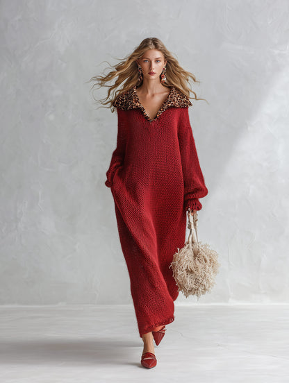 Urban Silhouette Leopard-print Collar Red Maxi Dress