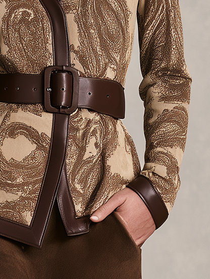Retro-casual Elegant Wool-blend And PU Leather Paneled Top