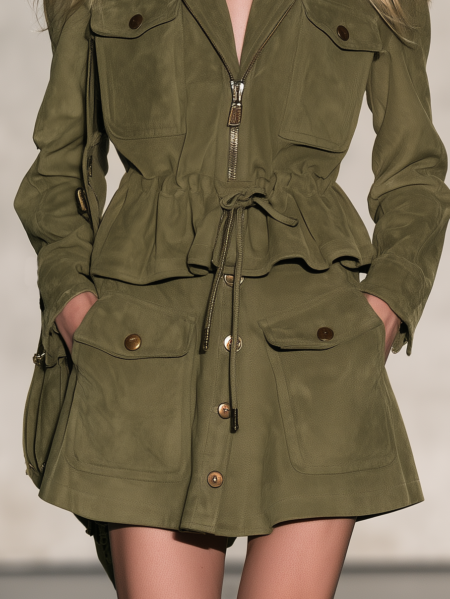 Retro-chic Faux Suede Skirt Set With Drawstring And Ruffle Details