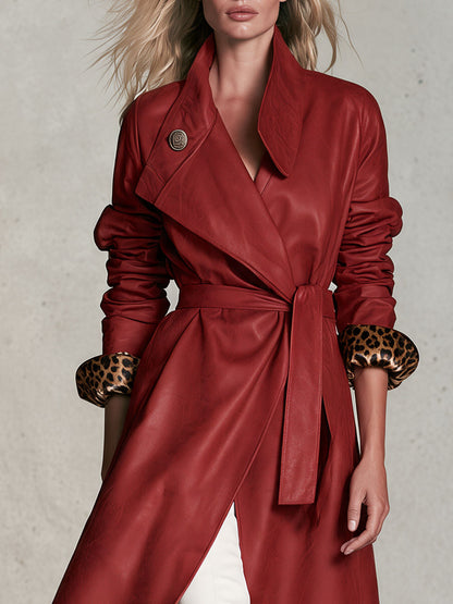 Retro-elegant Leopard Print Lining Red Belted Faux Leather Coat