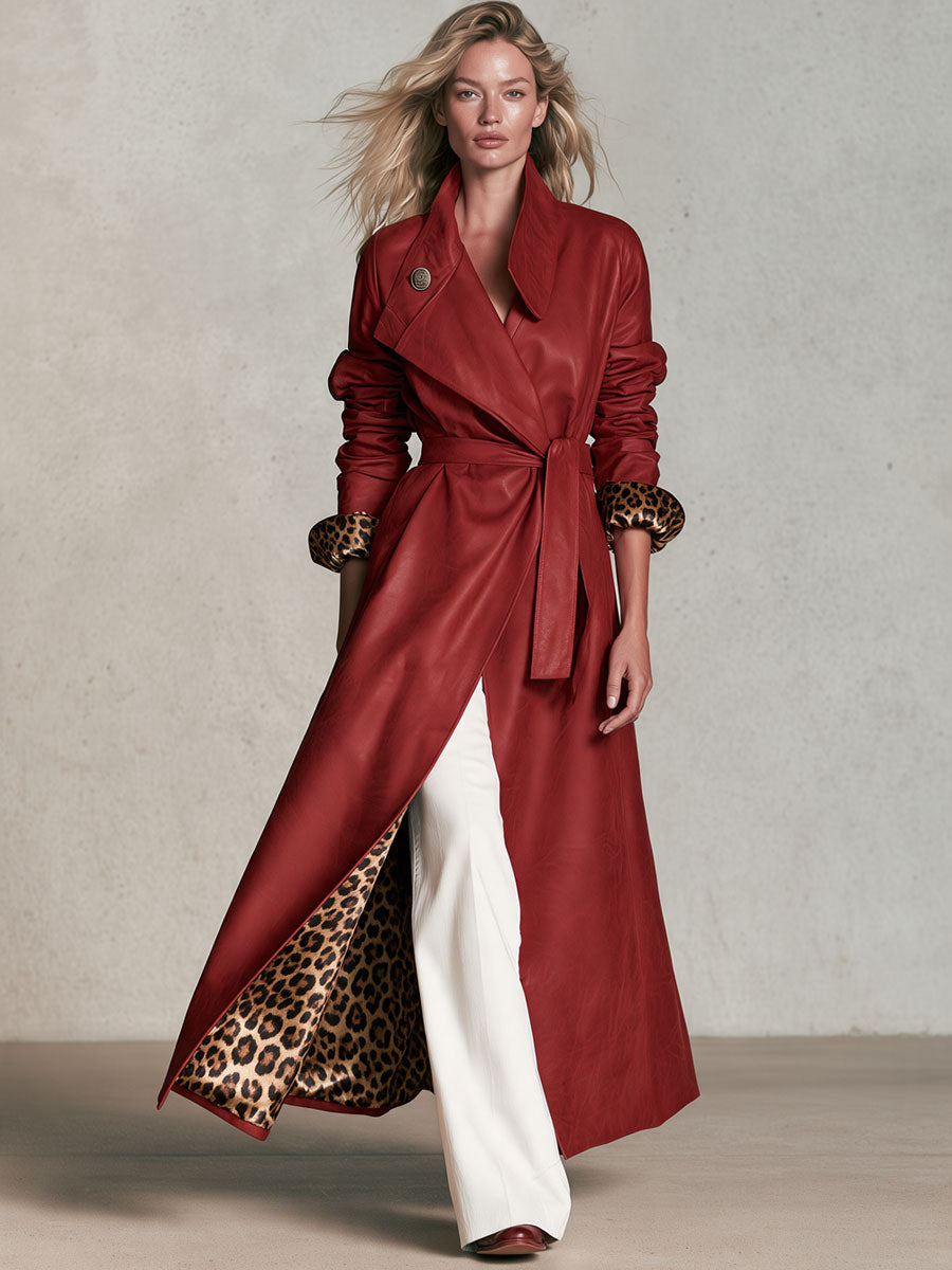 Retro-elegant Leopard Print Lining Red Belted Faux Leather Coat
