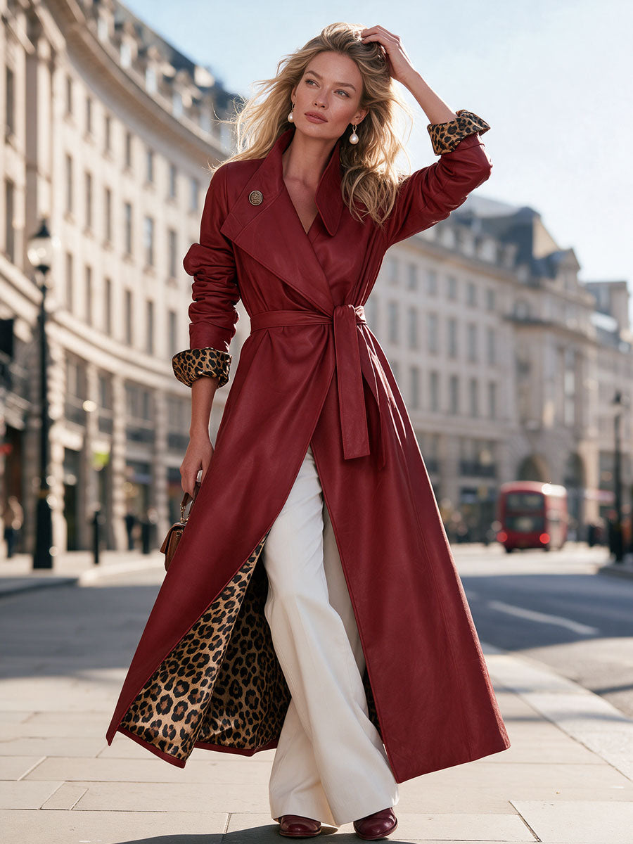 Retro-elegant Leopard Print Lining Red Belted Faux Leather Coat