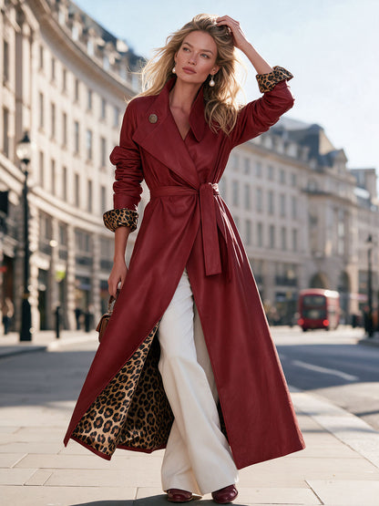 Retro-elegant Leopard Print Lining Red Belted Faux Leather Coat