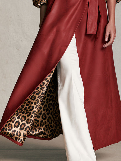Retro-elegant Leopard Print Lining Red Belted Faux Leather Coat