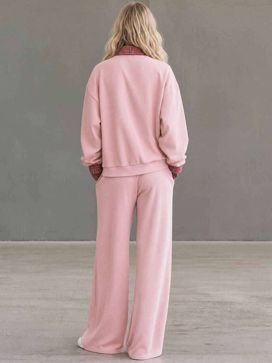 Sporty And Stylish Plaid Patchwork Pink Cotton Zip-up Sweatshirt And Pants Set